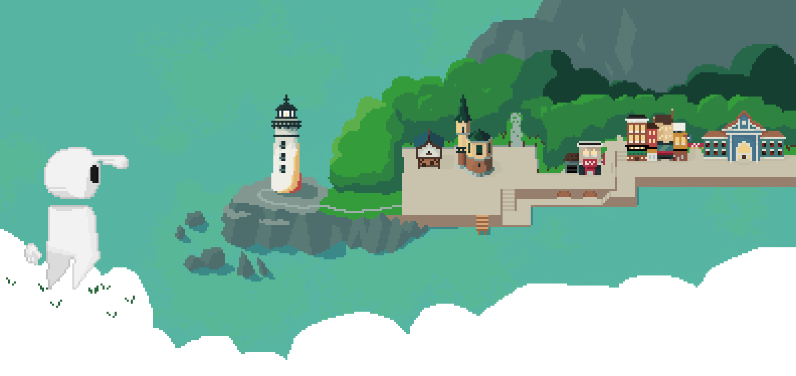 A small pale figure looks out over the sea toward a coastal town with a lighthouse, rooftops, and hills beyond, rendered in pixel art.